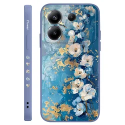Gold Leaf Flower Design Silicone Phone Case for POCO F8 Ultra (Light Blue)