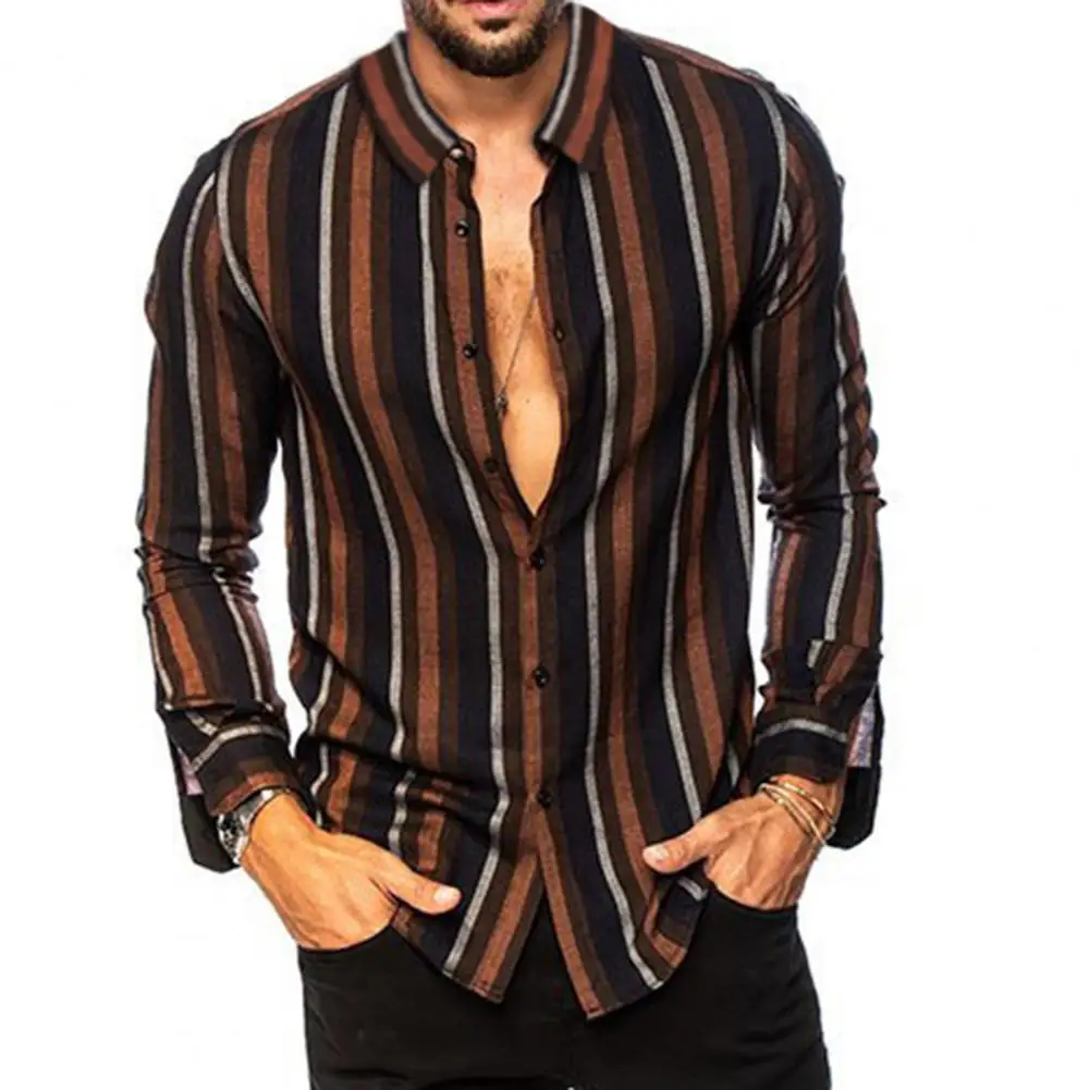 

Casual Striped Shirt Striped Color Matching Men's Cardigan Shirt with Turn-down Collar Slim Fit Breathable Long Sleeve for Men