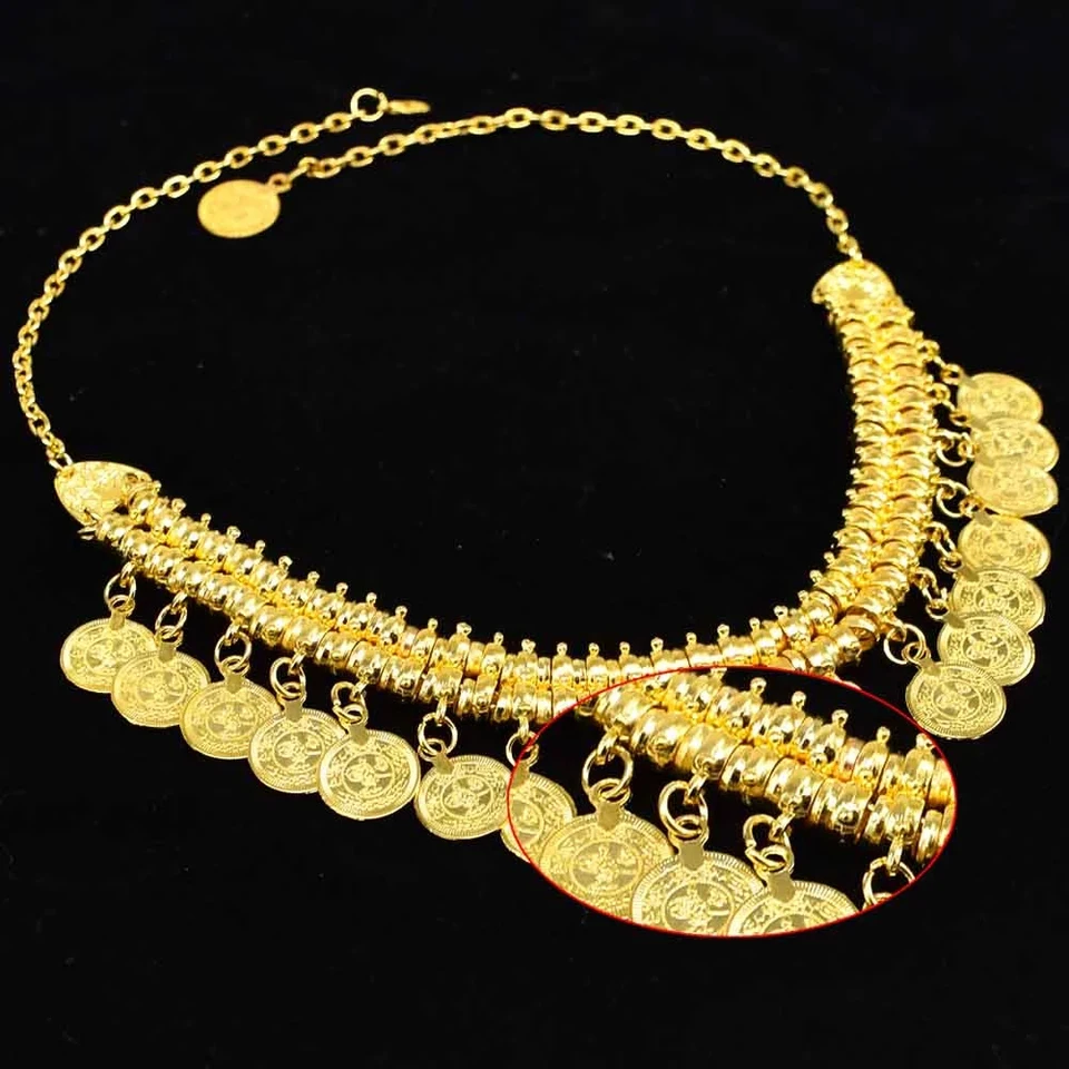 Gypsy Ethnic Coins Tassel Necklace & Earrings Set - Gold Plated Bohemian Statement Jewelry