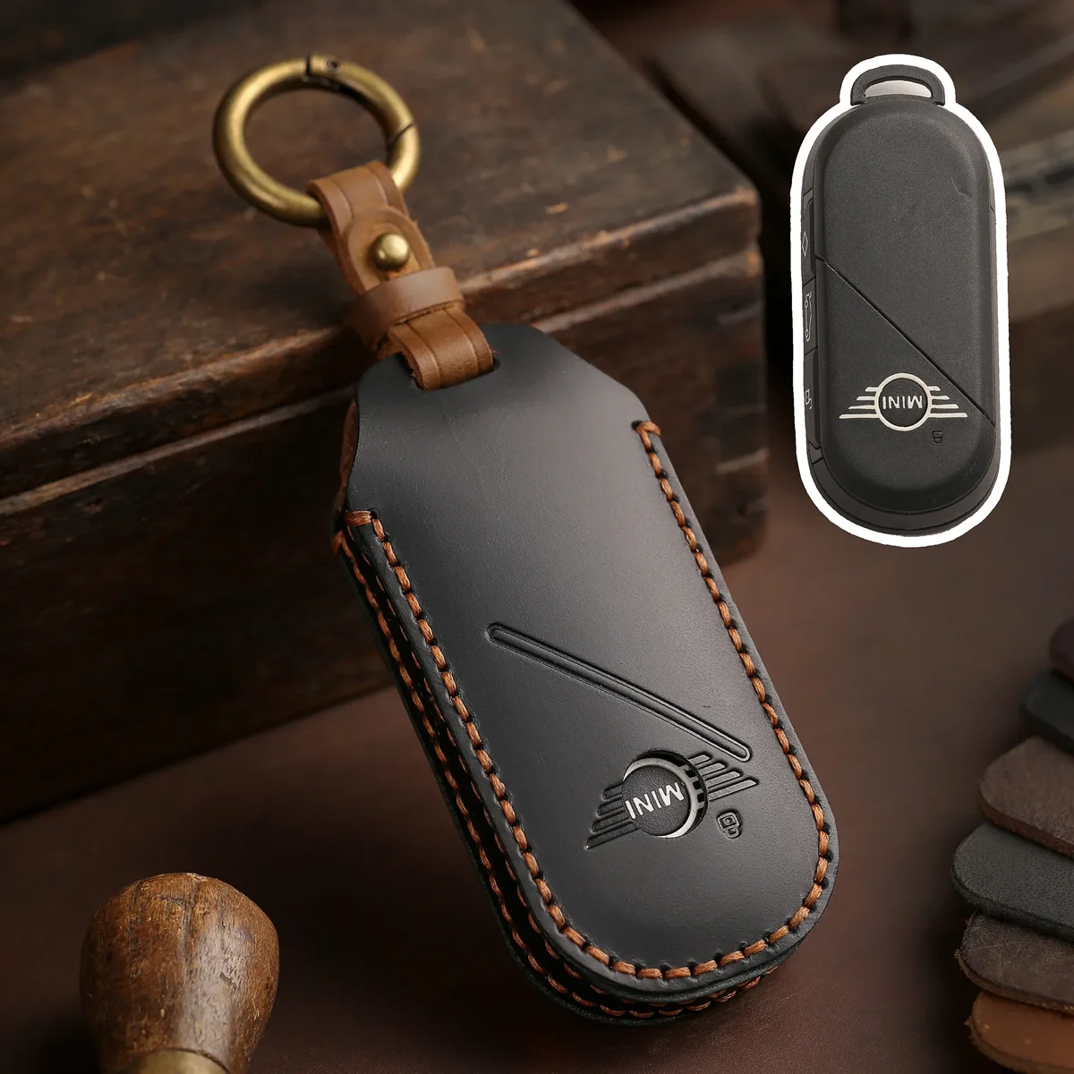 Leather Car Fob Key Case Cover Protector for Bmw Mini Countryman Cooper One 2023 2024 Remote Accessories Holder Shell Keychain — view 6