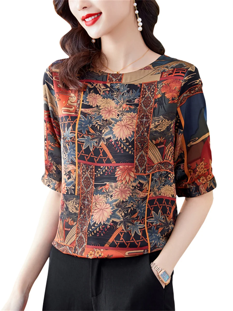 

4XL Women Spring Summer Shirts Lady Fashion Casual Short Sleeve O-Neck Collar Vintage Printing Flower Blusas Tops CT0615