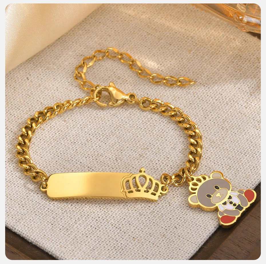 Vnox Namensarmbänder mit kostenloser Gravur für Babys, Neugeborene, Krone, niedliche Bären-Charm-Armbänder, verstellbares individuelles Geschenk aus Edelstahl – Detail 8