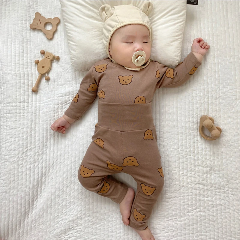 Kids Cotton Pajamas Sets New Boys Girls Cartoon Bear Tshirt with High Waist Pants Sleepwear Baby Loungewear 3 6 9 12 18 24M Suit