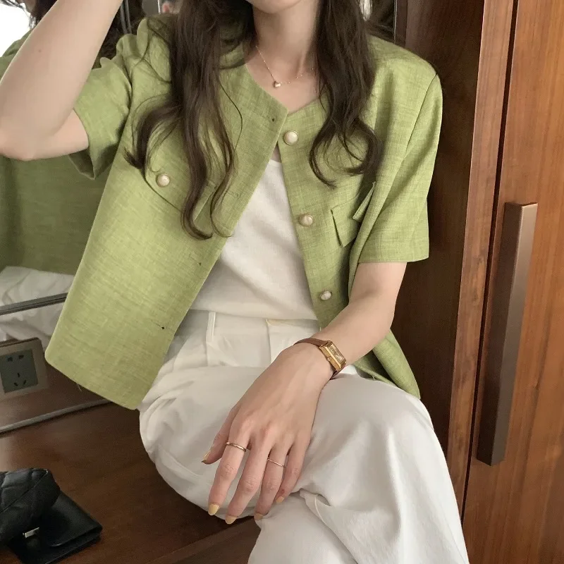 여성용 반팔 O넥 싱글 브레스트 버튼, 얇은 코트, 캐주얼 루즈한 상의, 우아한 가디건, 한국 패션, 그린 여름 신상