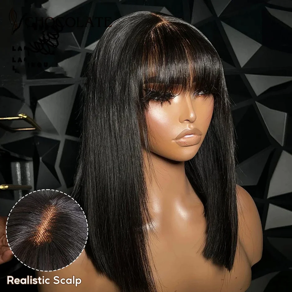Short Bob Wigs With Bangs 3X1 Lace Human Hair Wigs Realistic Scalp Glueless Straight Bob Wig With Bangs 180% Density