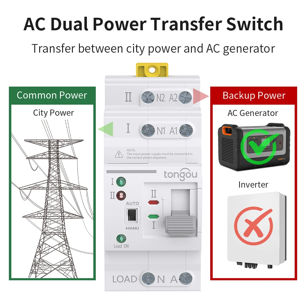 Transfer Switch TONGOU Din Rail 2P 4P ATS Dual Power Automatic Transfer Switch Electrical Selector Switches Uninterrupted Power 110V 220V 63A