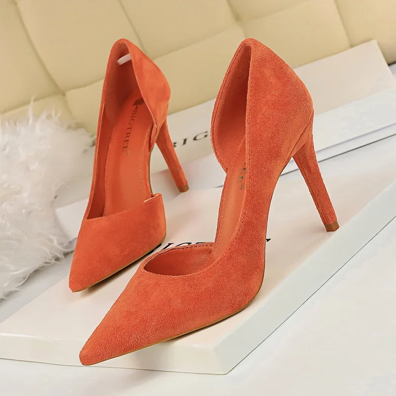 Wonen Pumps Fashion Office Shoes Side space Flock Pointed Toe Thin Heels 9.5CM Female Pumps  Shallow Mouth Women Shoes