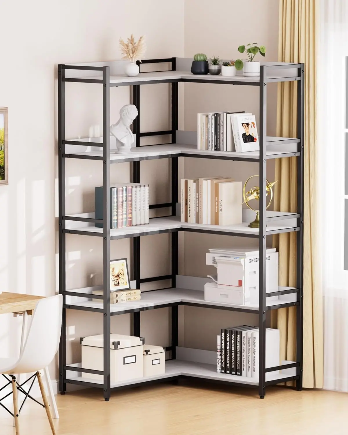 Large 5-Tier Corner Bookshelf - Modern Tall Corner Shelf Storage Display Rack with Sturdy Metal Frame - Perfect for Livin 2
