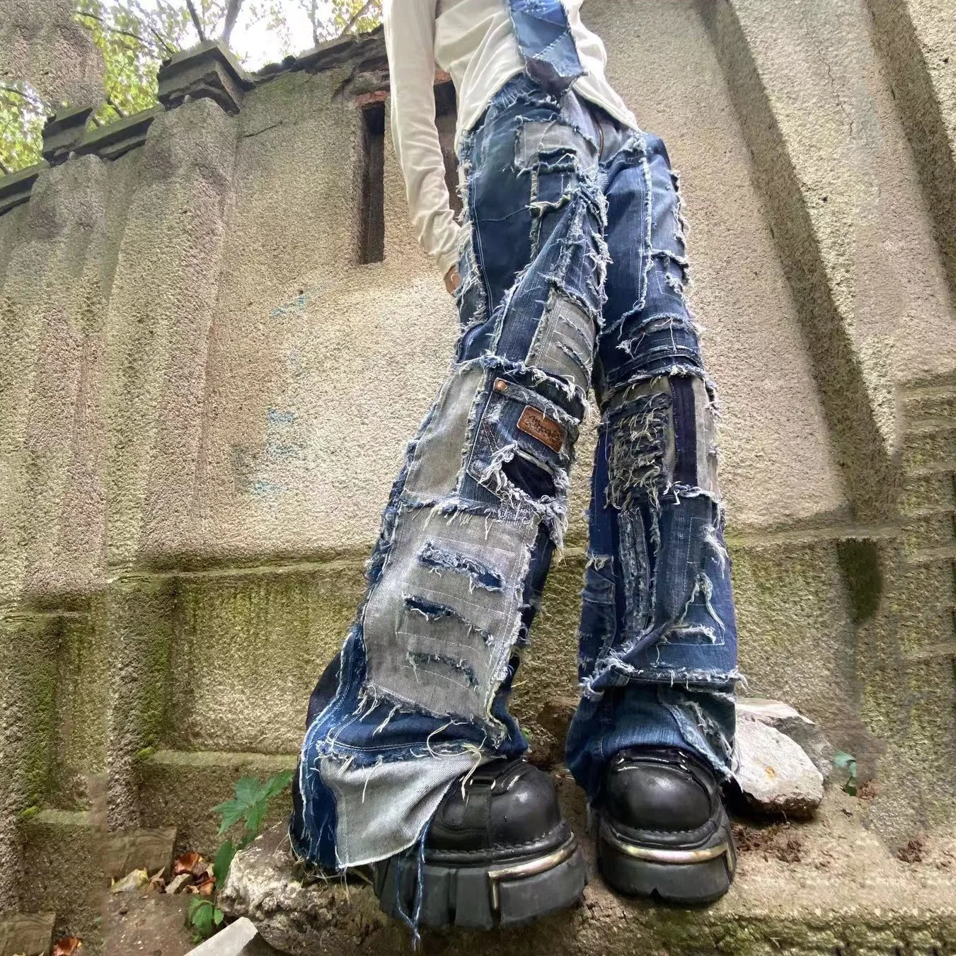 

Y2K Tattered Stitching Wide-Leg Pants Relaxed ripped jeans for women wide leg jeans blue jeans for women pantalon vintage mujer