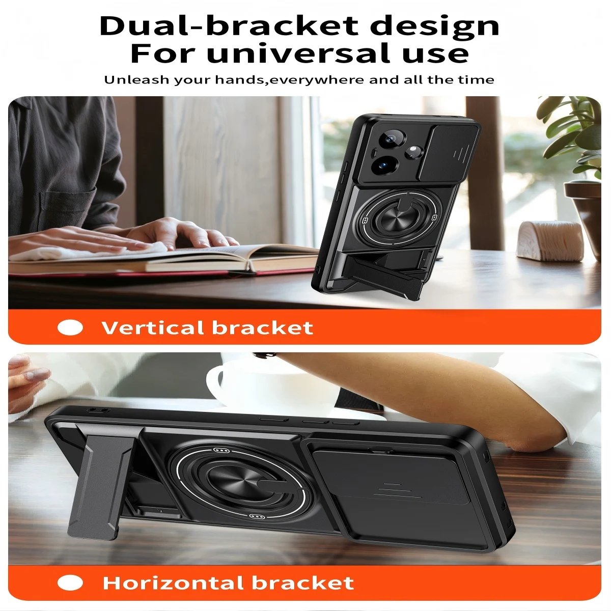 Armor Shockproof Phone Case with Sliding Camera Cover & Built-in Ring Kickstand