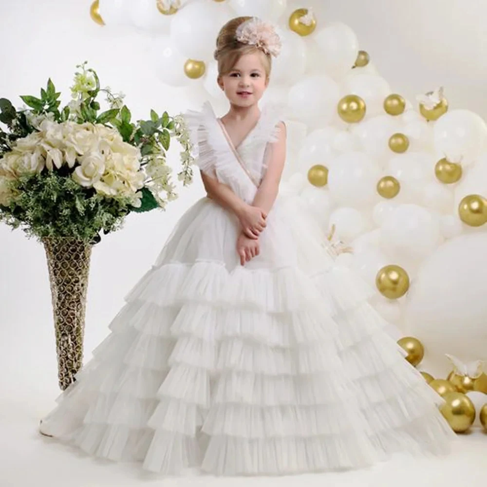 

Fluffy Bow Flower Girl Dress Kids Princess Lace Backless Floor Length Wedding Fold Ruffles Tulle Ball Gown Prom Dresses