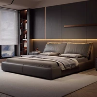 Lit double avec dossier souple, cadre de lit moderne de luxe, table de chevet, meubles de maison en bois massif, décoration esthétique pour chambre à coucher 1