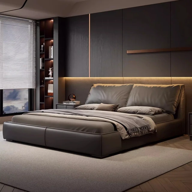 Lit double avec dossier souple, cadre de lit moderne de luxe, table de chevet, meubles de maison en bois massif, décoration esthétique pour chambre à coucher 1