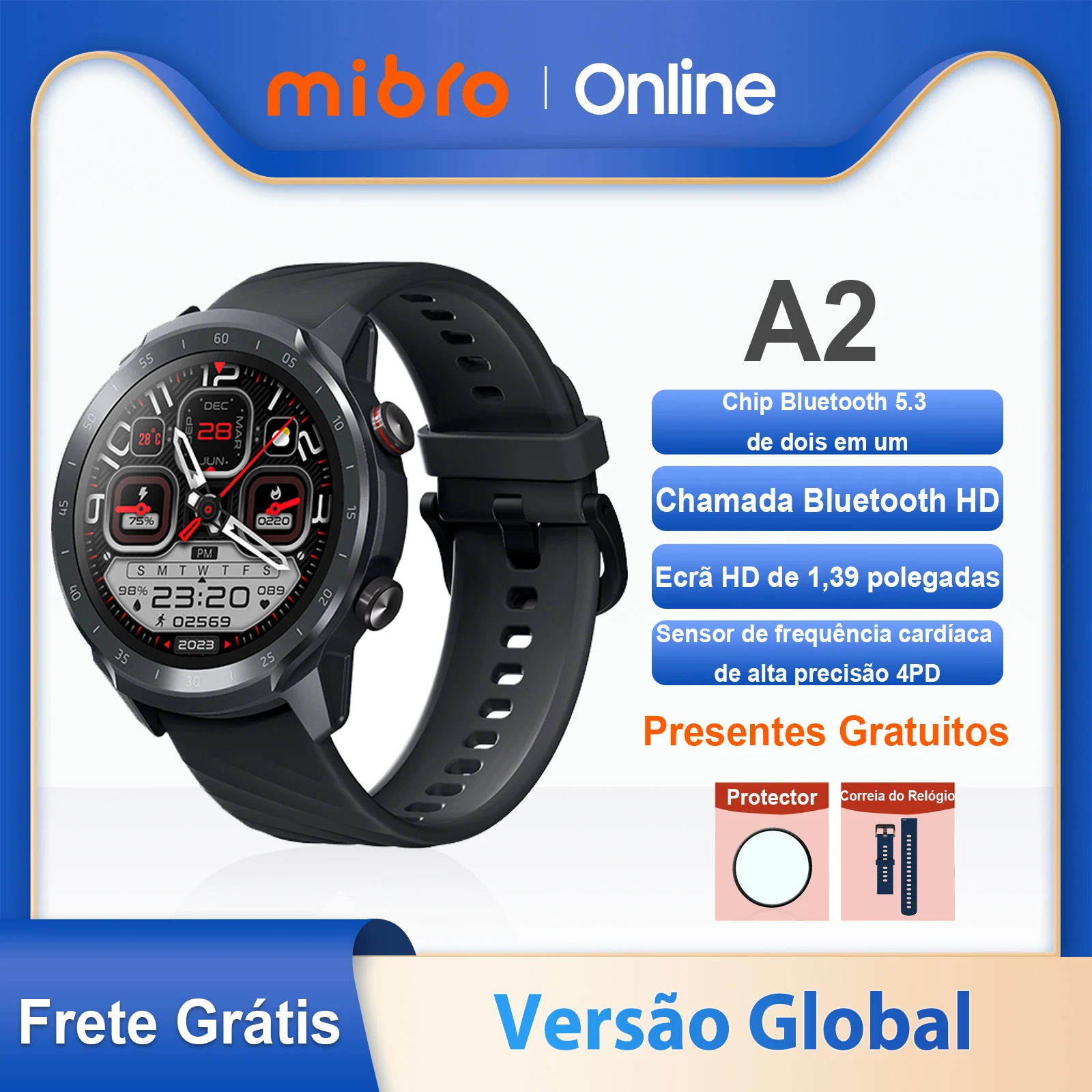 Mibro A2 Smartwatch Versão Global Bluetooth Chamada 1.39Inch HD Tela de Oxigênio Sanguíneo 4PD Alta Precisão Sensor de Frequência Cardíaca 2ATM Impermeável Esporte Homens Mulheres Relógio Inteligente