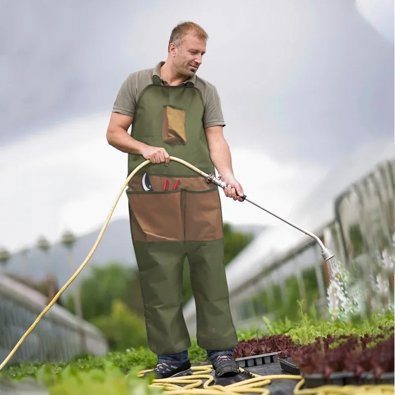 Multi-Pocket Oxford Cloth Garden Apron Color-Block Long Leg Cover for Gardening Pruning Heavy-Duty Work Apron Adjustable Strap
