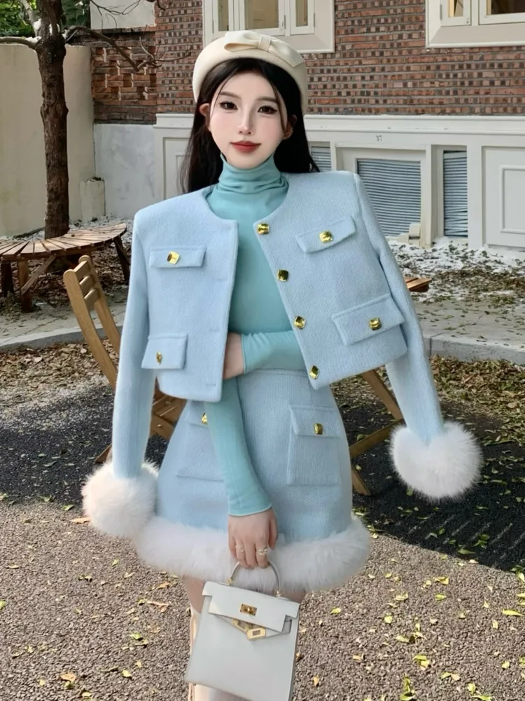 

High Quality Small Fragrance Two Piece Set Women Short Jacket Coat + Skirt Suits Korean Sweet Thick Warm Winter 2 Piece Outfits