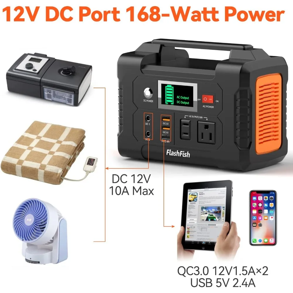 200W Portable Power Station, FlashFish 40800mAh Solar Generator, Equipped with 110V AC Socket/2 DC Ports/3 USB Ports 4