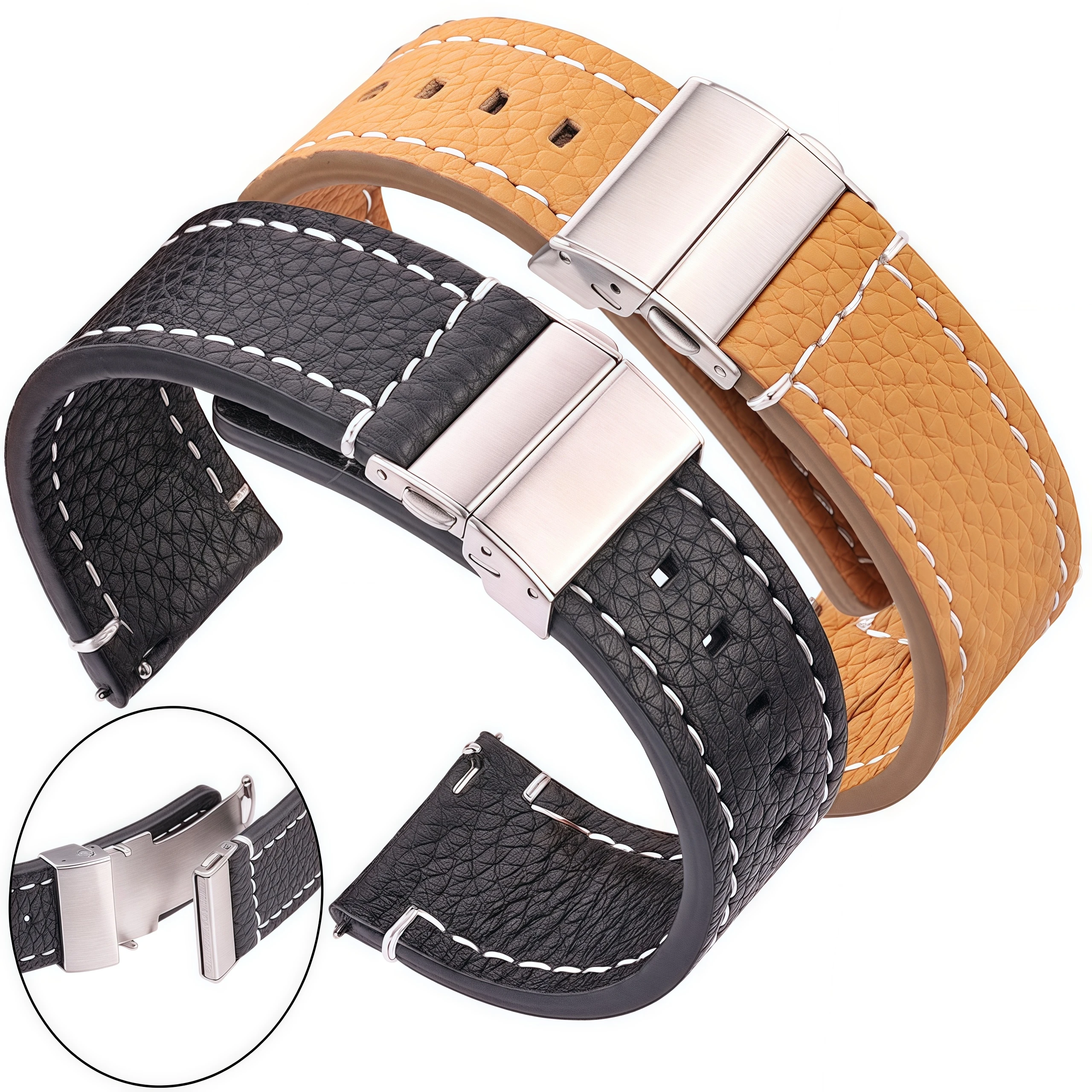 Elegant Genuine Leather Watch Band Strap - Soft Cowhide with Deployment Clasp in Various Colors and Sizes