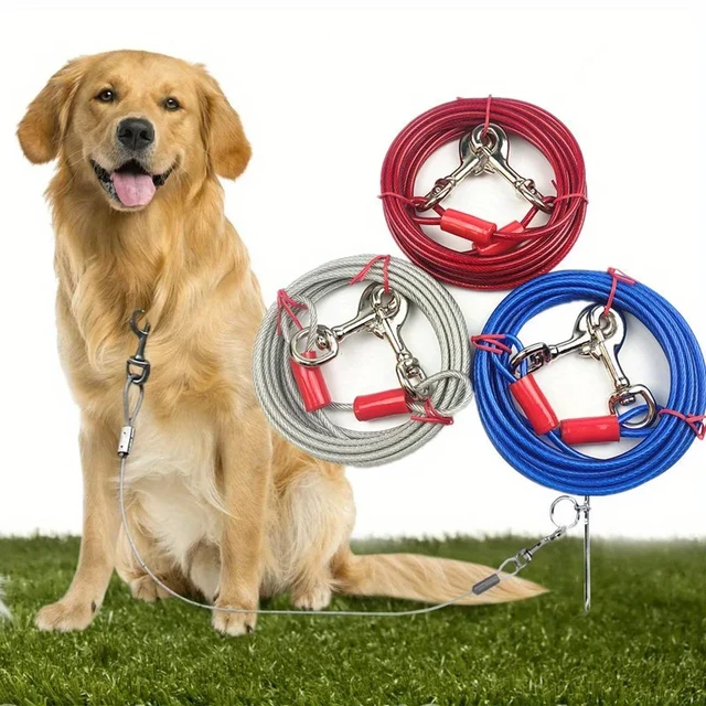 S58cf378a4c3b4f6b9cbbccc9a95a49ad9.jpg High Quality 5mm*3m Lengthen Steel Wire Dogs Rope Chain Durable Double-end Dogs Leash Cable Dual Heads Metal Hooks Pet Supplies