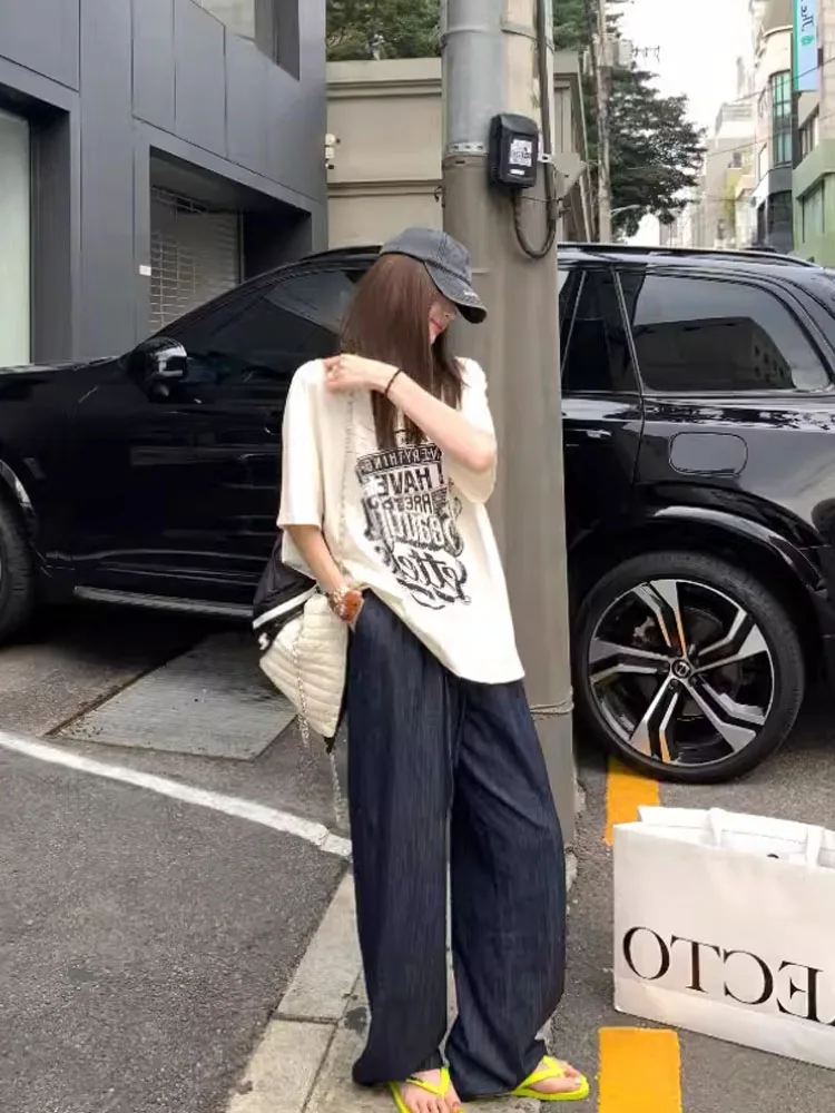 임산부용 청바지 여름용 얇은 실크 통기성 캐주얼 데님 루즈핏 배 받침 와이드 레그 스트레이트 컷 팬츠 아우터웨어