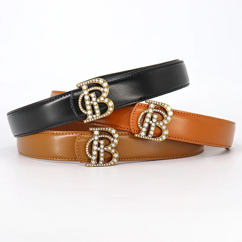 

New Belt Female Pearl Alloy Slide Buckle Women's Belt Leather Belts for women Design High Quality Waistband