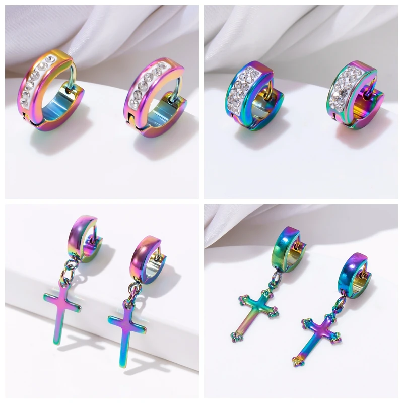 ESSFF Ear Clip Mens Mini Dangle Earring Cool Punk Hoops Colorful Crystal Cross  Stainless Steel Circle Earrings for Women Gifts