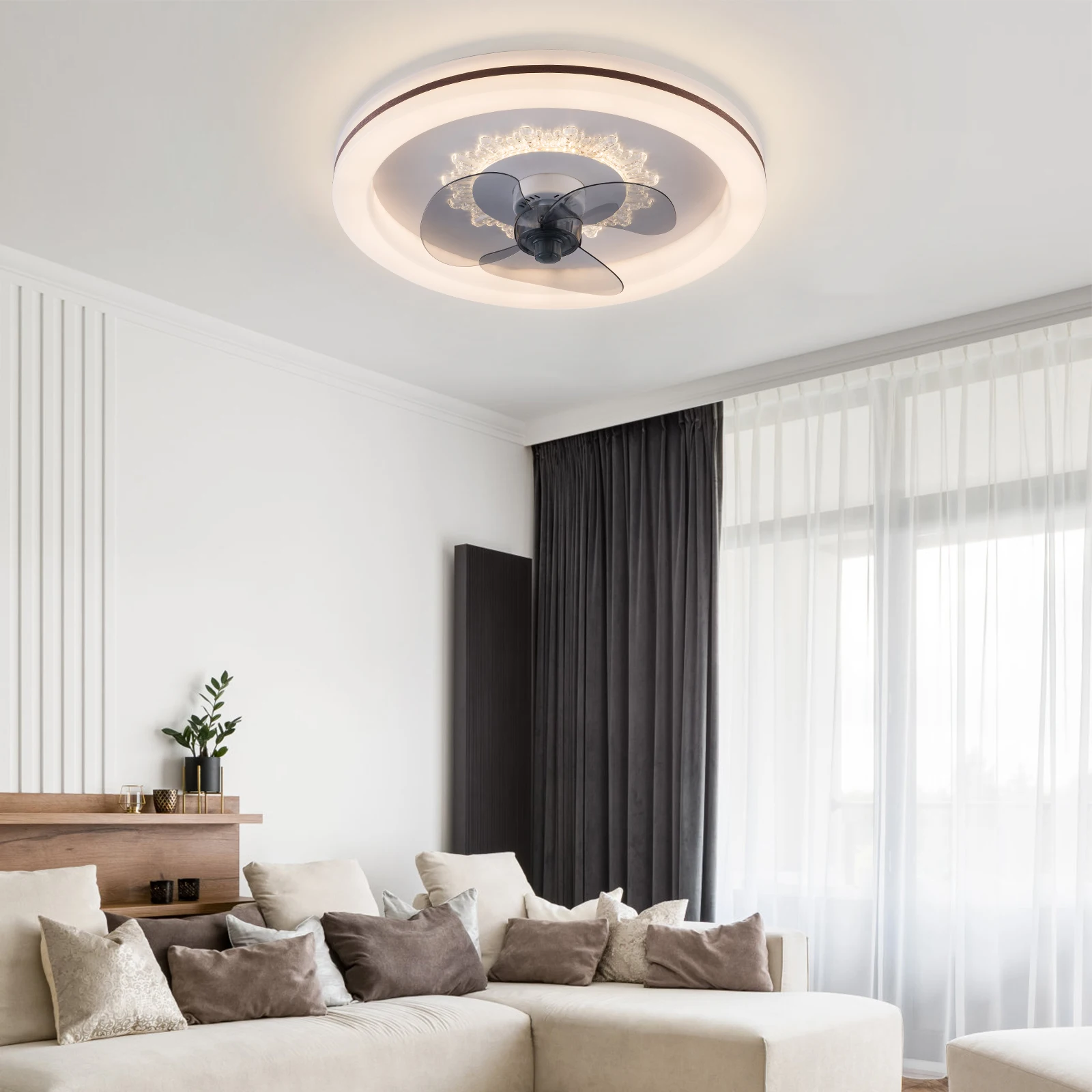 18.5 Inch Ceiling Fan with Lights, Low Profile Fan W/ Remote Control Semi Flush Mount Tri-Color Fandelier with 3 Hidden B