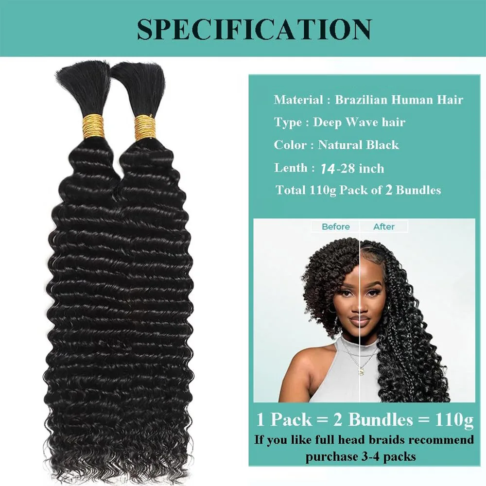 110g Deep Wave Bulk Human Hair for Braiding Knotless 12A Unprocessed Brazilian Virgin Hair Extensions Bulk Bohemian 2 Bundles