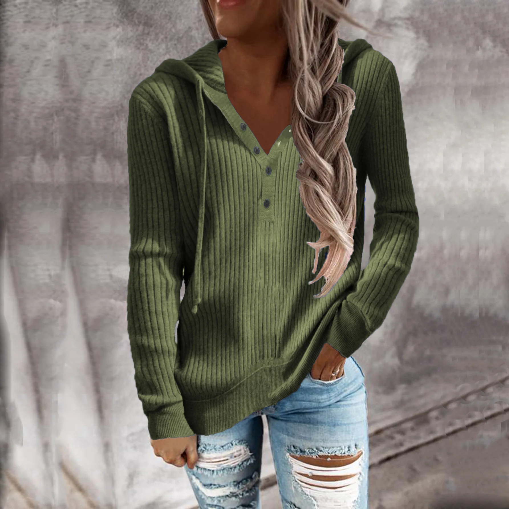 Autumn and winter new style striped casual hoodie loose knit sweater open-necked long-sleeved sweater woman 3