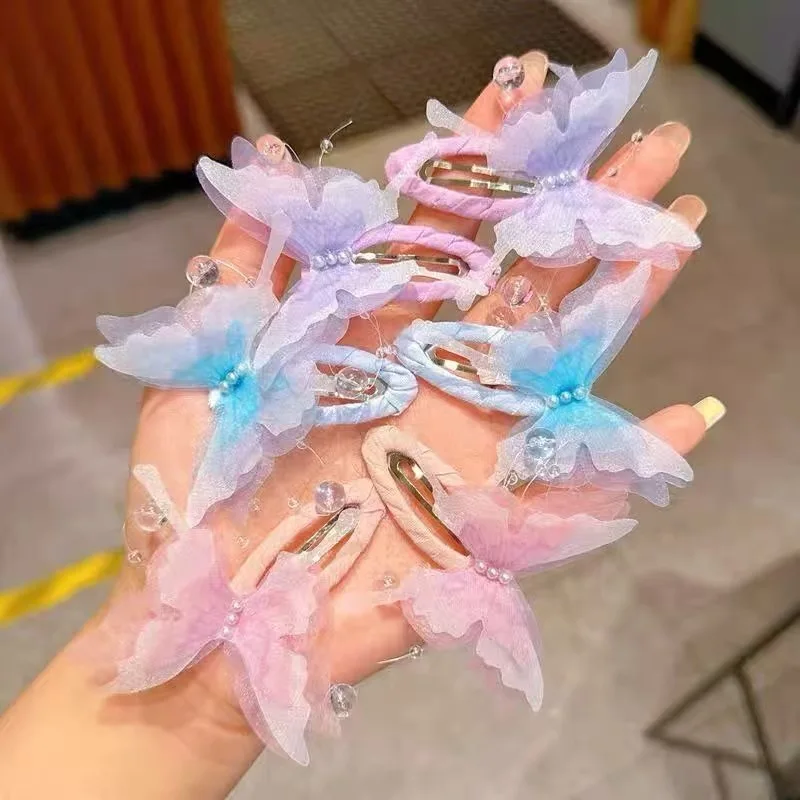 어린이 진주 머리 장식 소녀 헤어 액세서리 2개 나비 반짝이 헤어핀 액세서리 소녀 새 헤어핀 BB 클립 도매