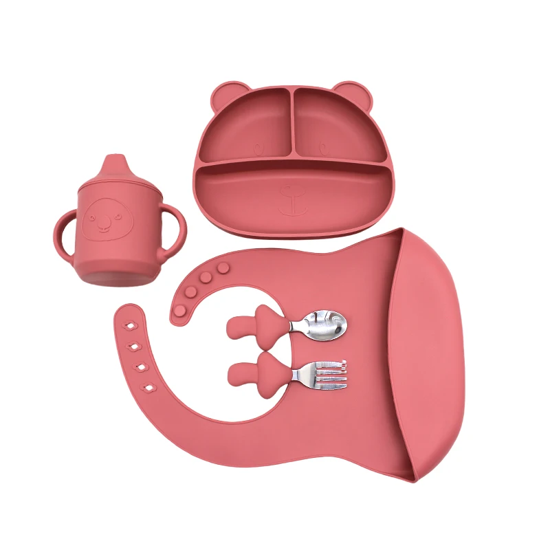 Baby Fork Spoon Plate Set With Suction Cup Children Eating Bowl Self-Practice Training Bowl Baby Complementary Tableware Set 4