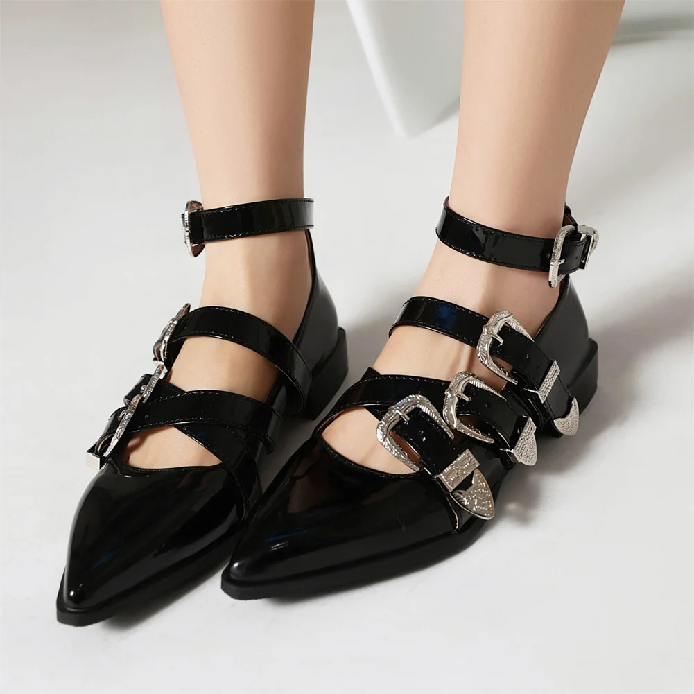 Plus Size 47 Luxury Brand New Ladies Pointed Toe Punk Pumps Fashion Metal Buckle Chunky Heels Pumps Women Party Shoes Woman