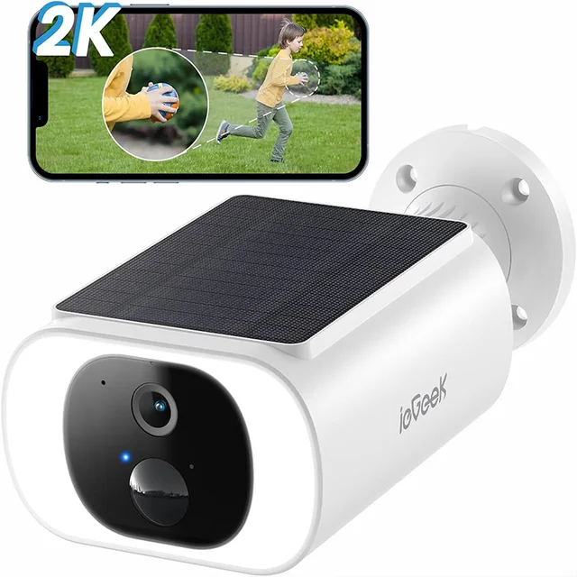 IeGeek-Caméra de surveillance WiFi sans fil 2K, batterie extérieure sans fil IP66, panneau solaire intégré, couleur de vision nocturne 1