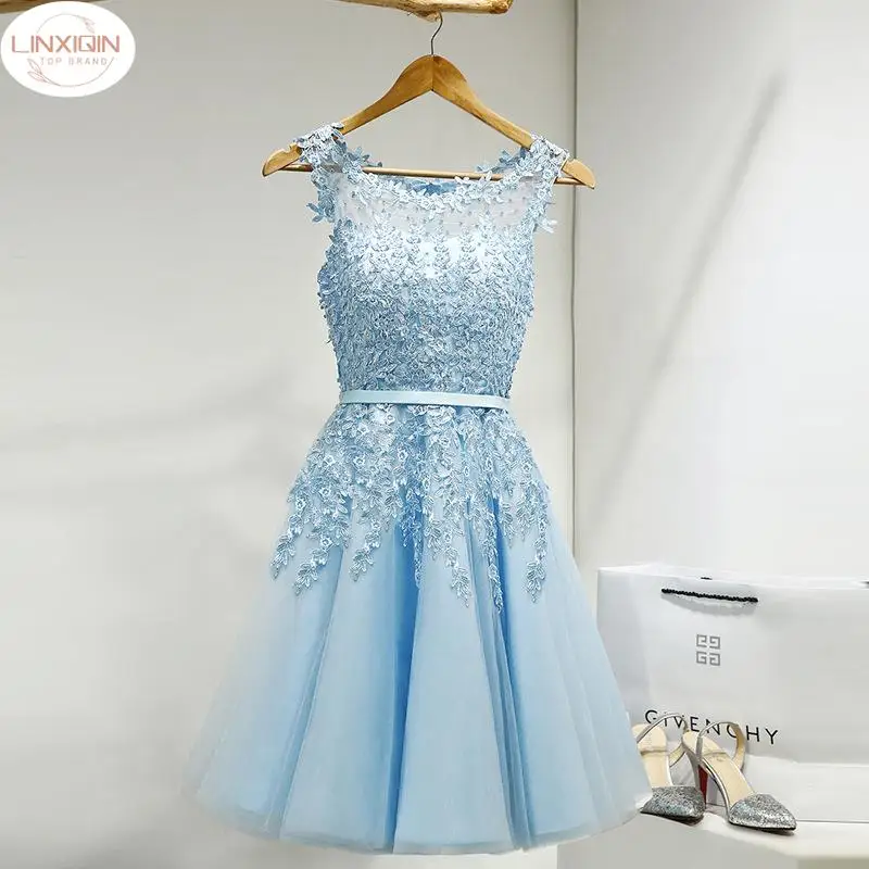 

2024 Hot Sell Elegant Knee Length Women Girls Dresses Appliques Beads Formal Party Dresses Pink Red Light Blue