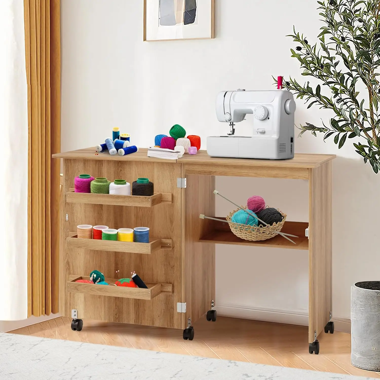 Costway Folding Sewing Table, Multipurpose Craft Station Desk, Display Cabinet With Shelves Storage, Lockable Wheels, Rolling 2