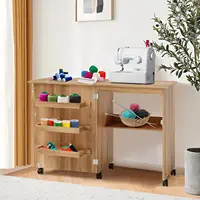 Costway Folding Sewing Table, Multipurpose Craft Station Desk, Display Cabinet With Shelves Storage, Lockable Wheels, Rolling 2