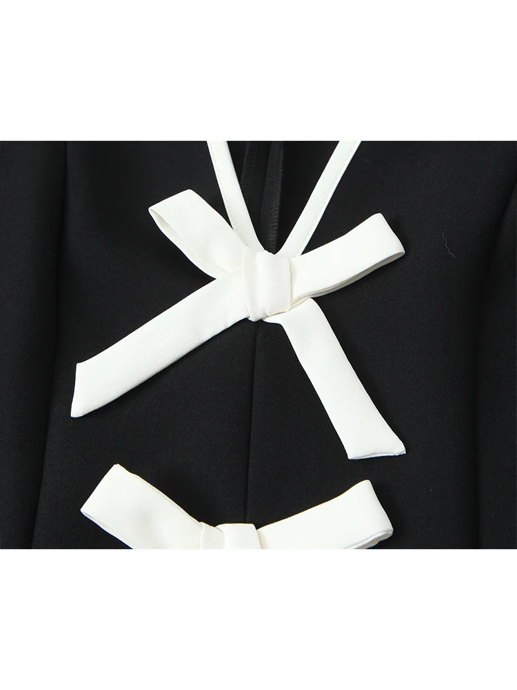 Women's Contrast Bow Short Dress Elegant Puff Short Sleeve V Neck Dress Sexy New Style Female Fashion Party Casual Mini Dress