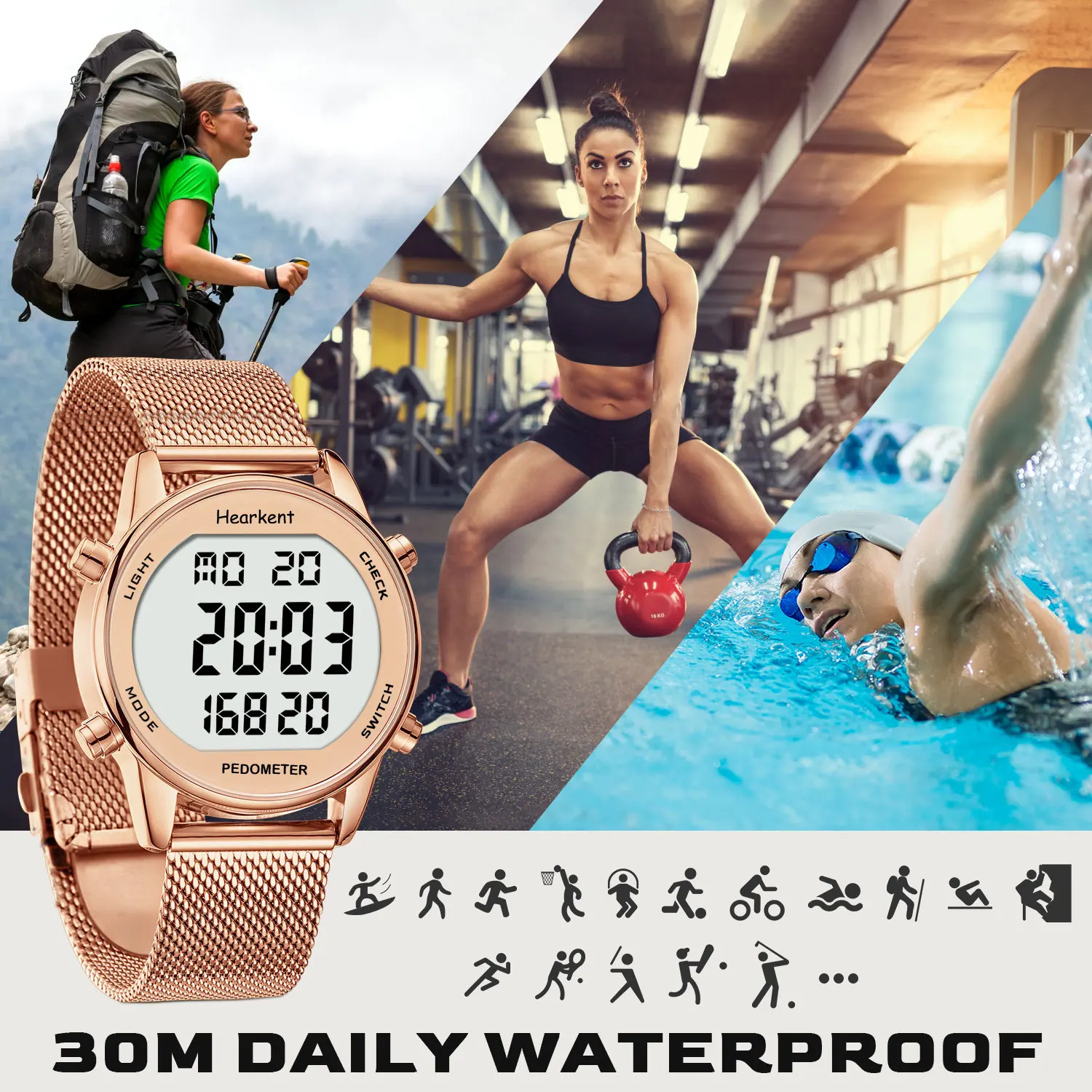 Hearkent Pedometer Watches Sport Step Counter Women's Digital Watches Calories Mile Tracker Waterproof 30M for Walking Running 4