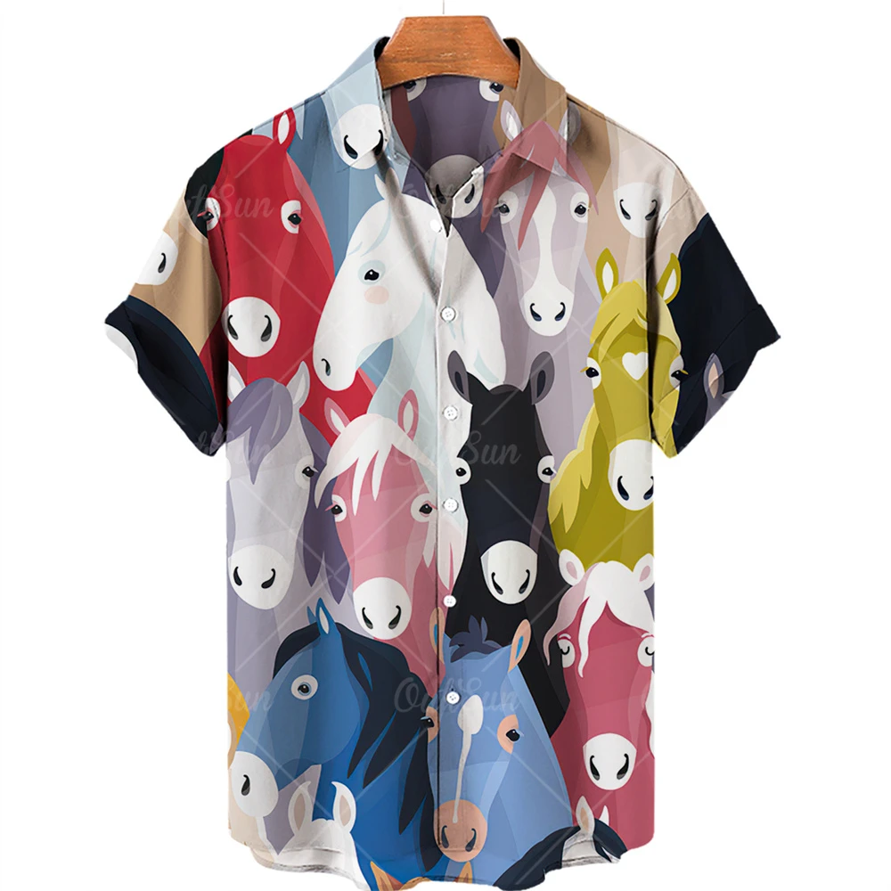 

Men's Hawaiian Shirts 3d Animal Horse Print Short Sleeve Tee Shirts Lapel Fashion Casual Harajuku Cartoon Blouses Male Clothing