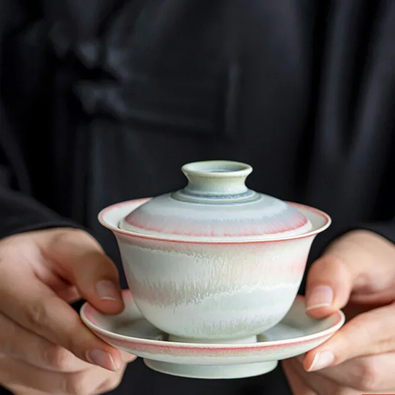 Kiln Change Pink Gaiwan For Tea Porcelain Chinese Jingdezhen Tureen Teaware Set Tea Bowl Kung Fu Chawan Cups Lily