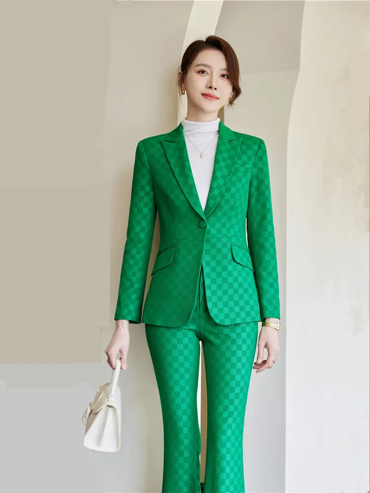 autumn-2023-new-single-button-pocket-blazer-casual-flare-trousers-two-piece-plaid-elegant-women's-pants-sets-office-suit