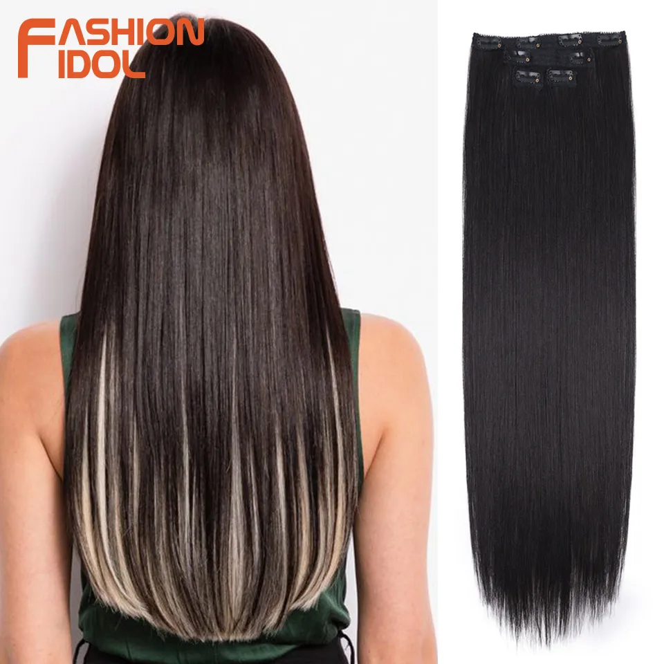 FASHION IDOL 8 Clips In Hair Extensions Long Straight Hairstyle Blonde 60CM Natural Synthetic Hair Daily Use Hairpiece For Women