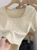 Retro Square Collar ort Sve T-irt Women's Summer Sweet Sle Slim Fit Floral Print Top Korean Version Commute Sle