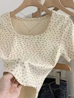 Retro Square Collar ort Sve T-irt Women's Summer Sweet Sle Slim Fit Floral Print Top Korean Version Commute Sle