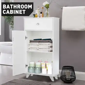 New Bathroom Cabinet Bathroom Cupboard 1 Door 3 Shelves Floor Mounted Vanity Storage Unit with Shelf Furniture with Drawer