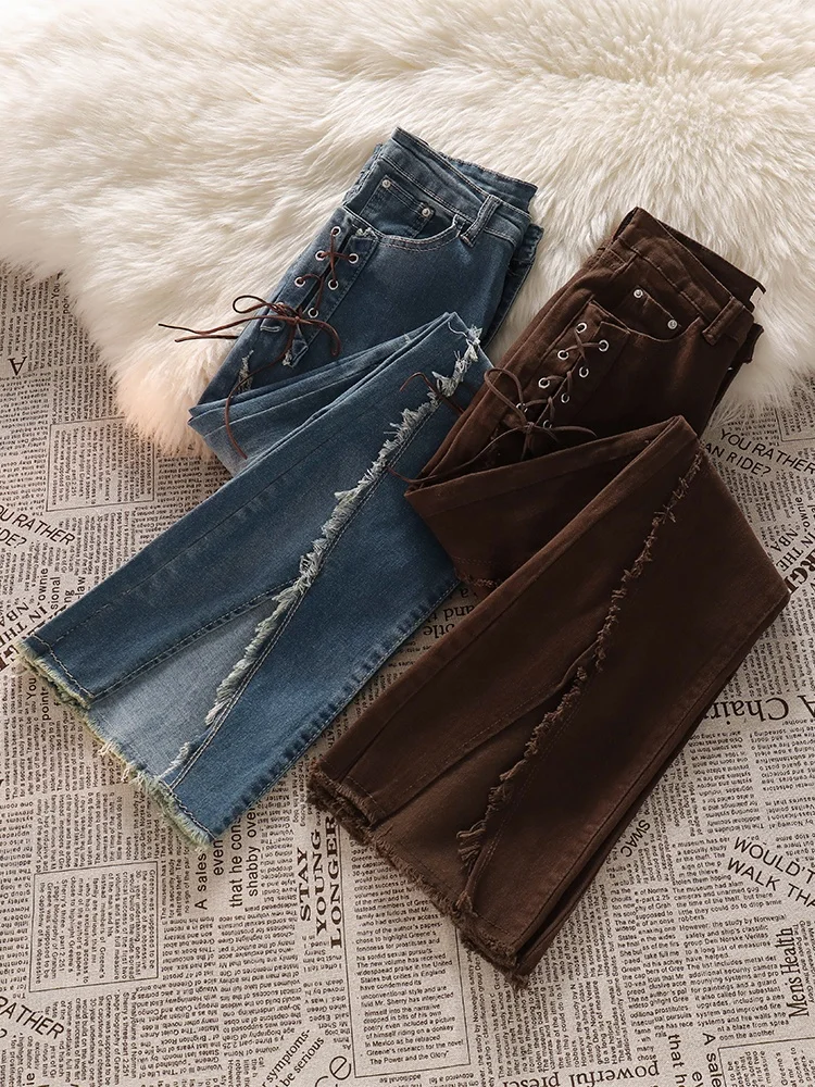 벽 균열 추천  좋은 모양 달콤한 자루 레이스 업 마이크로 풀 청바지 여성 하이 허리 디자인 스플릿 말굽 바지