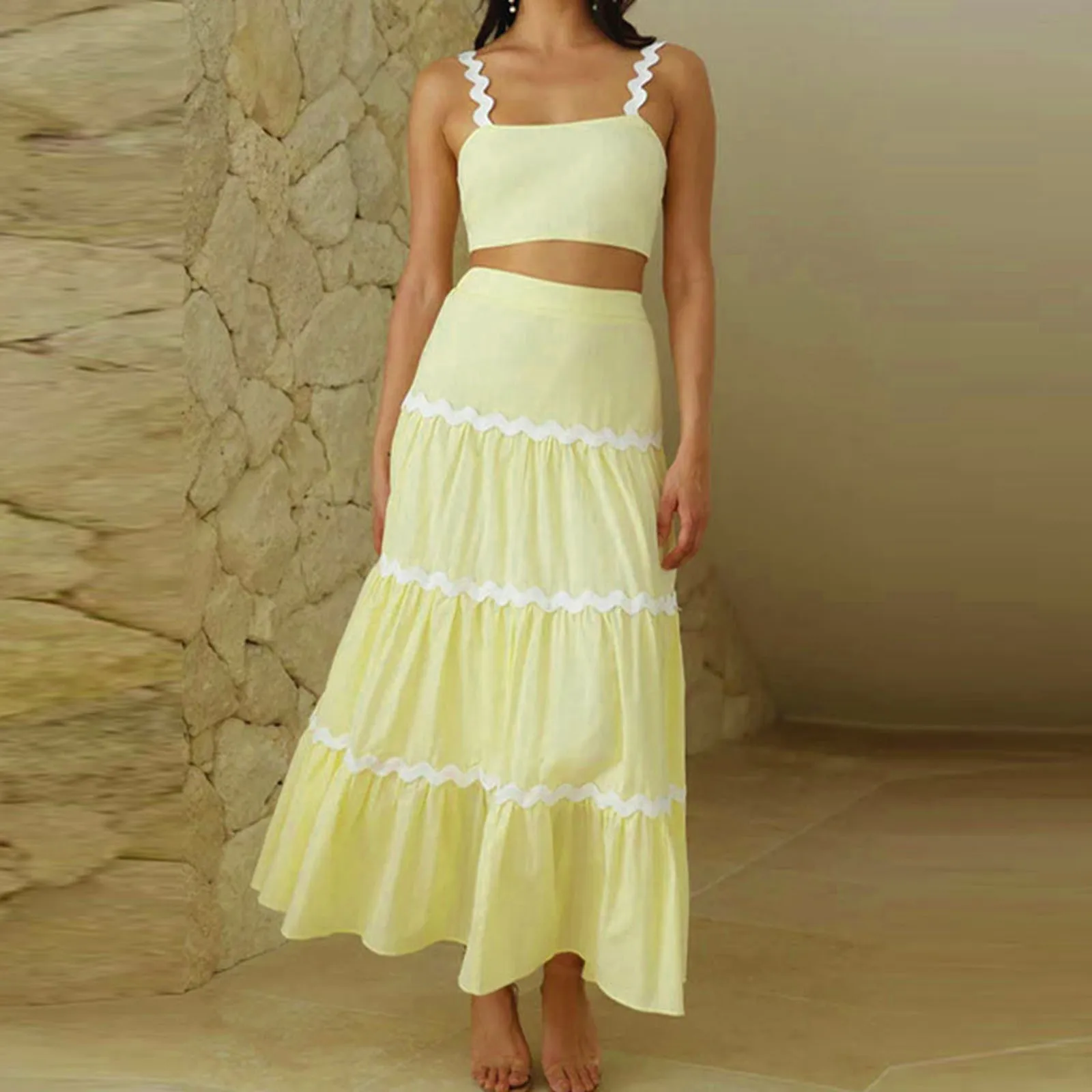 2024 Wave Stripe Holiday Strap Dress Set 2024 Spring Crop Top Elegant Sleeveless 2Pc Matching Sets Long Skirt A-line Beach Suit