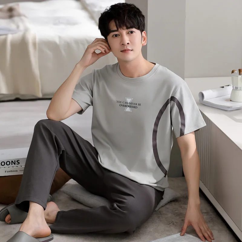 남성용 코튼 파자마 세트, 상의 및 긴 바지, 여름 캐주얼 운동복, 남성용 큰 야드 L-XXXL 파자마, 드롭쉽, 2 개/세트
