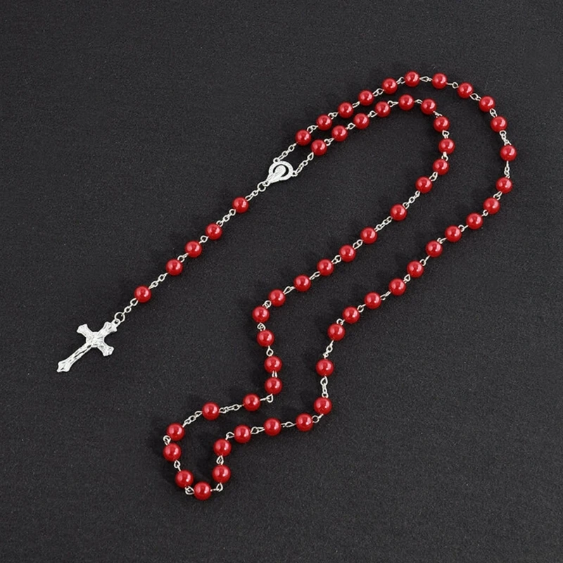 Imitation Pearl Rose Rosary Necklace Pendant Women Catholic Religious Gift