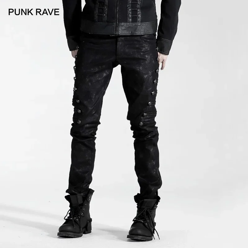 PUNK RAVE Men Uniform Style Steampunk Street Handsome Straight Elastic Pants Fashion Black Rivet Men Pencil Trousers